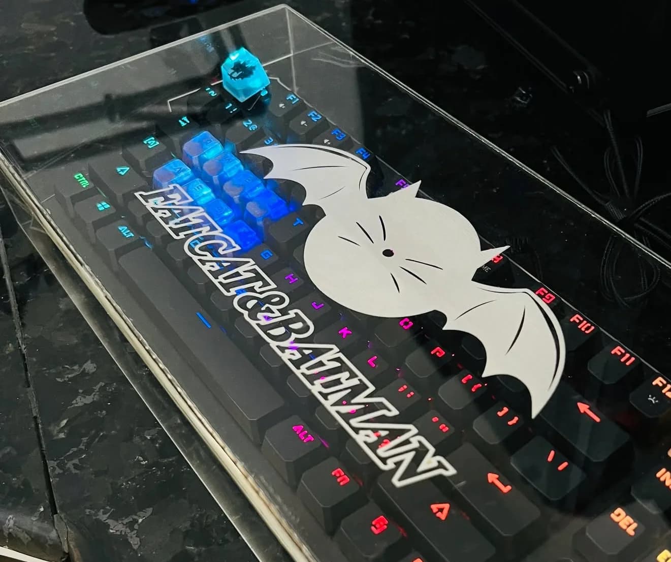 Angled view of the clear acrylic keyboard cover showing its side walls and the cat-and-bat logo over glowing keys