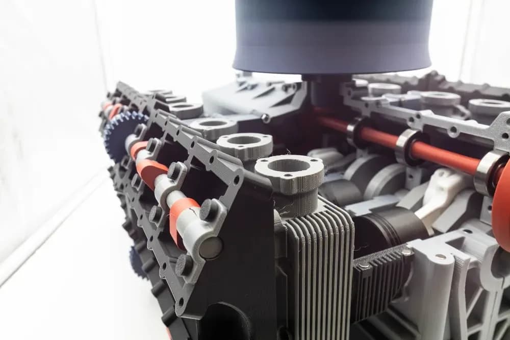 Camshaft side of the 3D printed flat-12 engine model with red cam parts and a blue drive gear