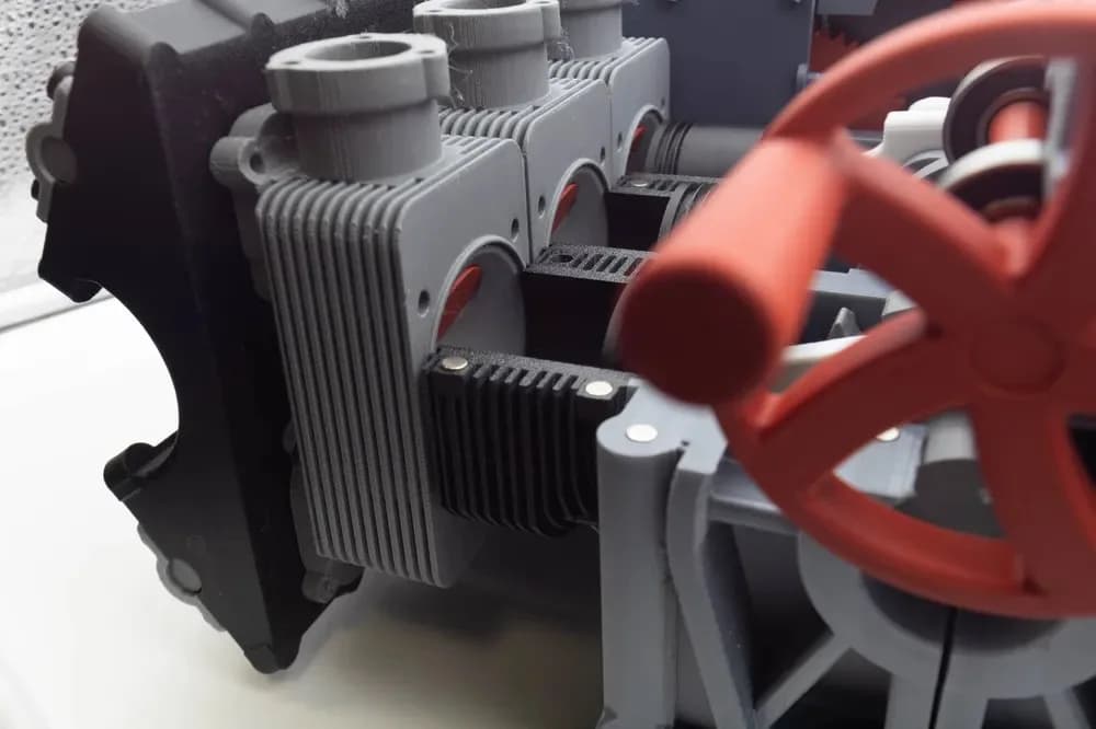 Close-up of the printed cooling fins on the cylinders of the flat-12 engine model, with metal pins and the red hand crank