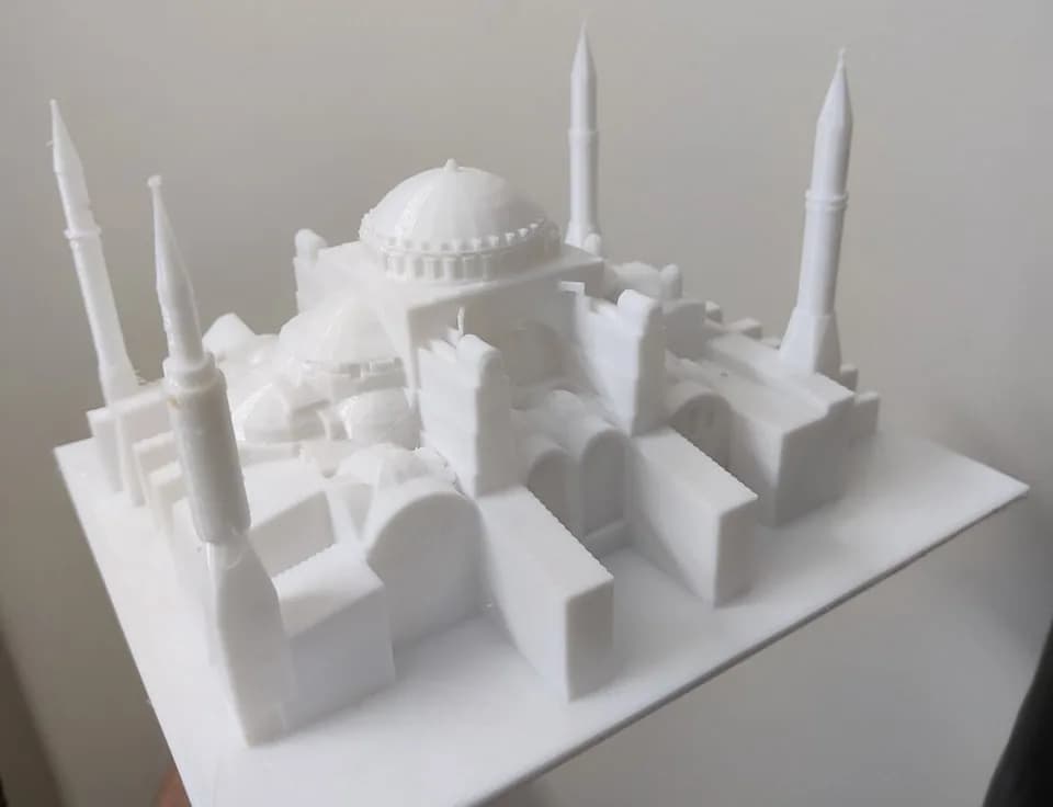 Side view of the Hagia Sophia model showing the stepped half-domes, buttresses and minarets