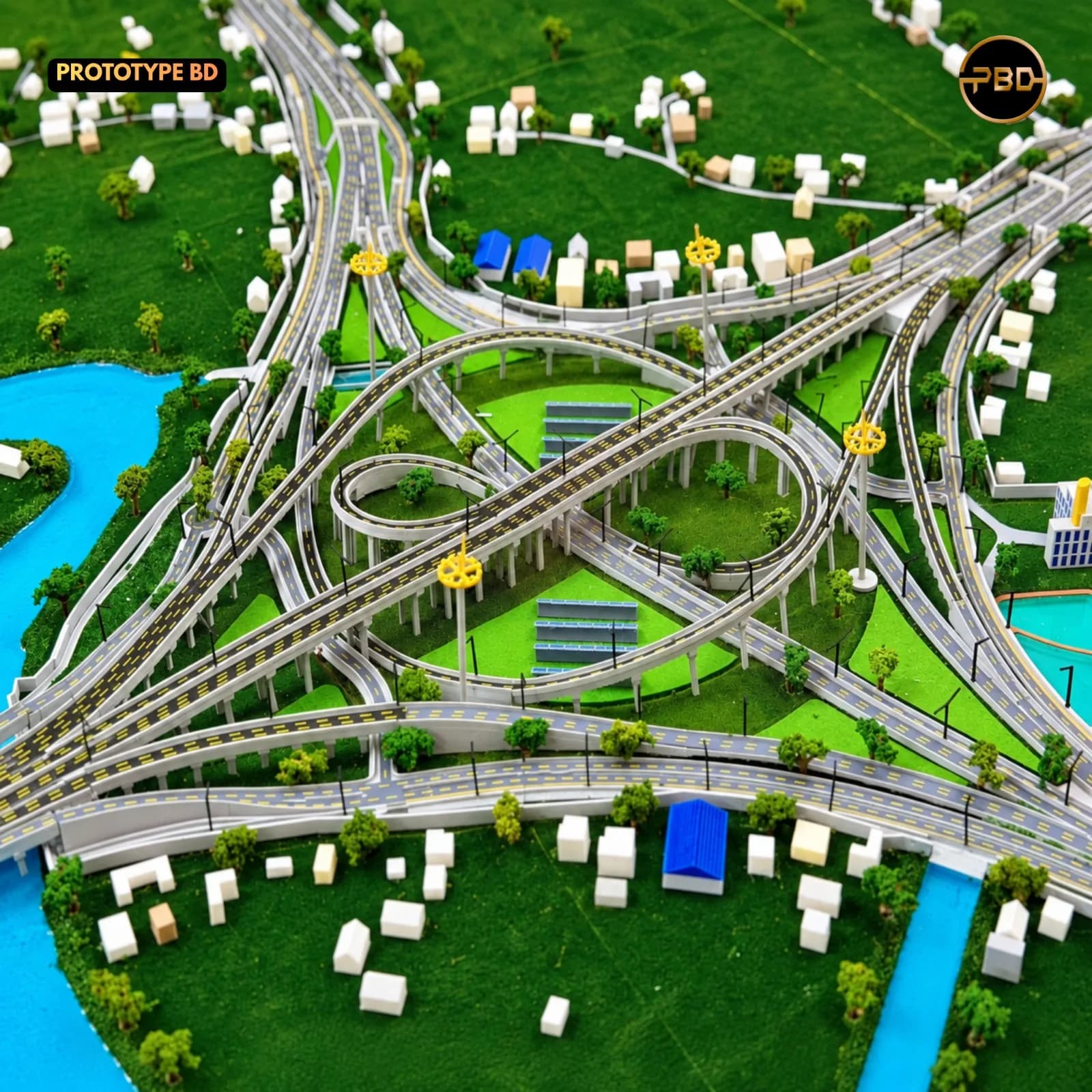 Hatikamrul Interchange scale model from above, showing the loop ramps, flyovers, lamp posts and solar panel arrays inside the interchange