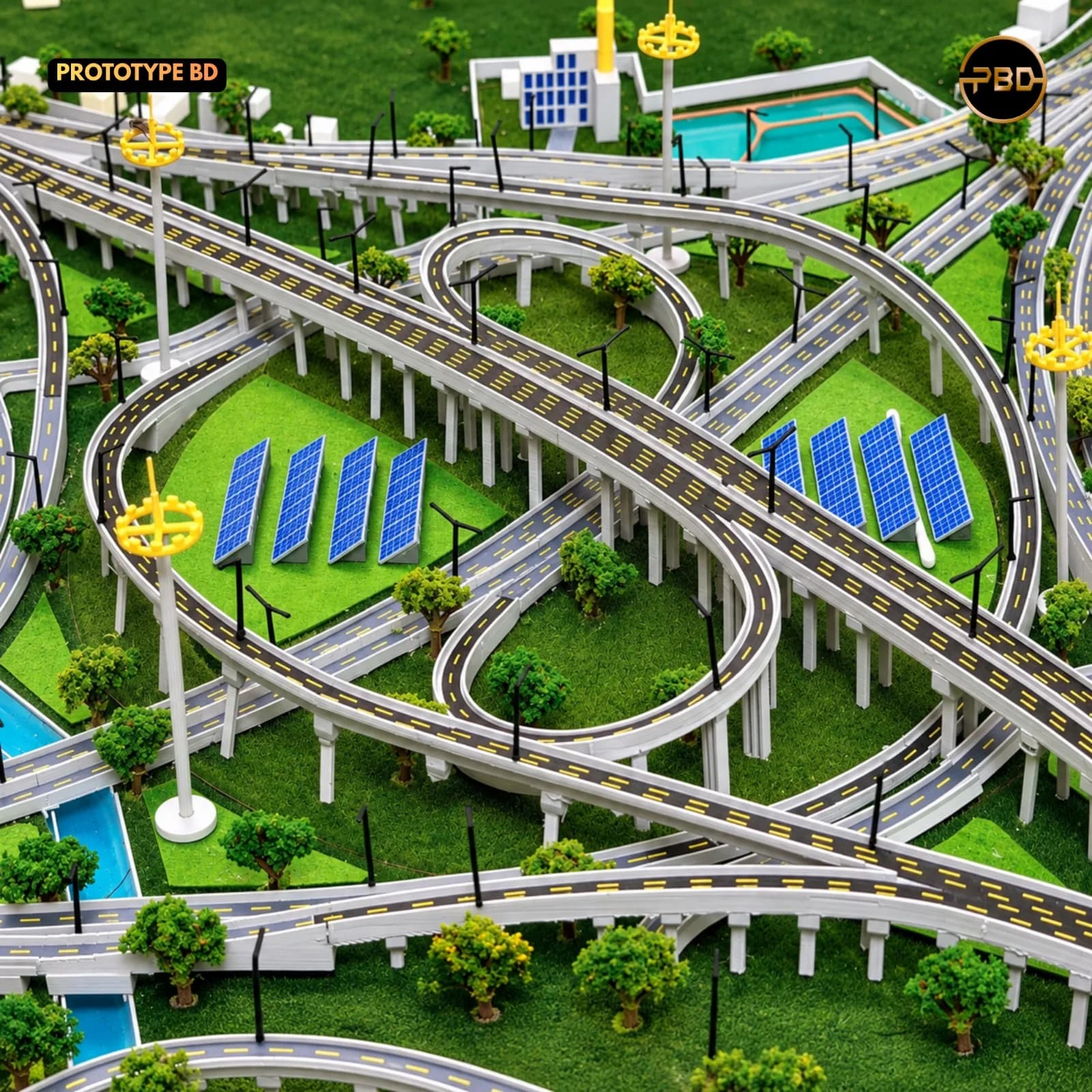 Angled view of the elevated ramps and flyovers of the Hatikamrul Interchange model standing on rows of printed piers