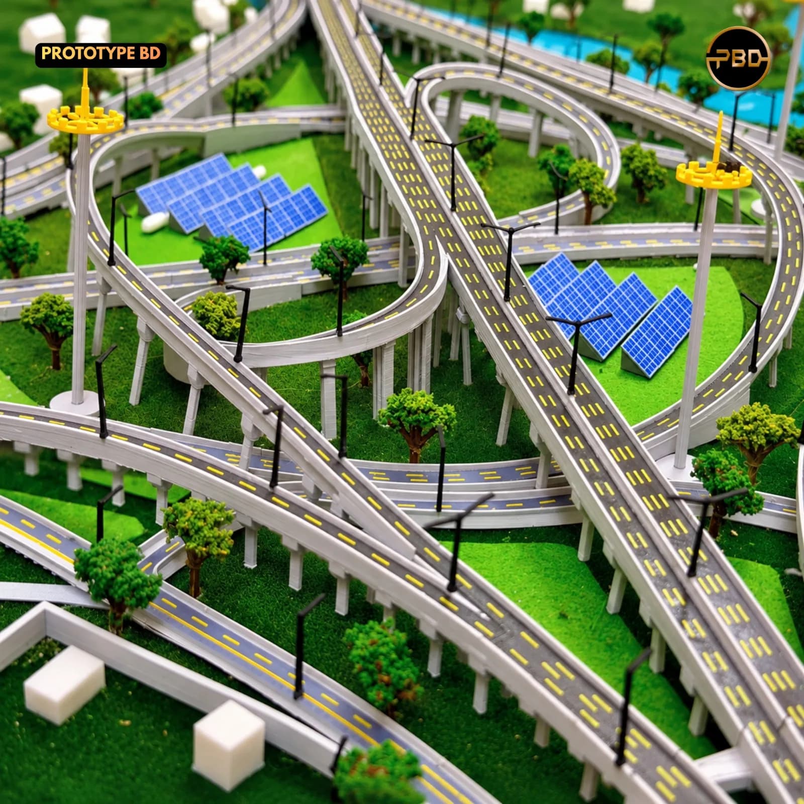 Close view of curved ramps on printed piers passing over solar panel arrays in the Hatikamrul Interchange model