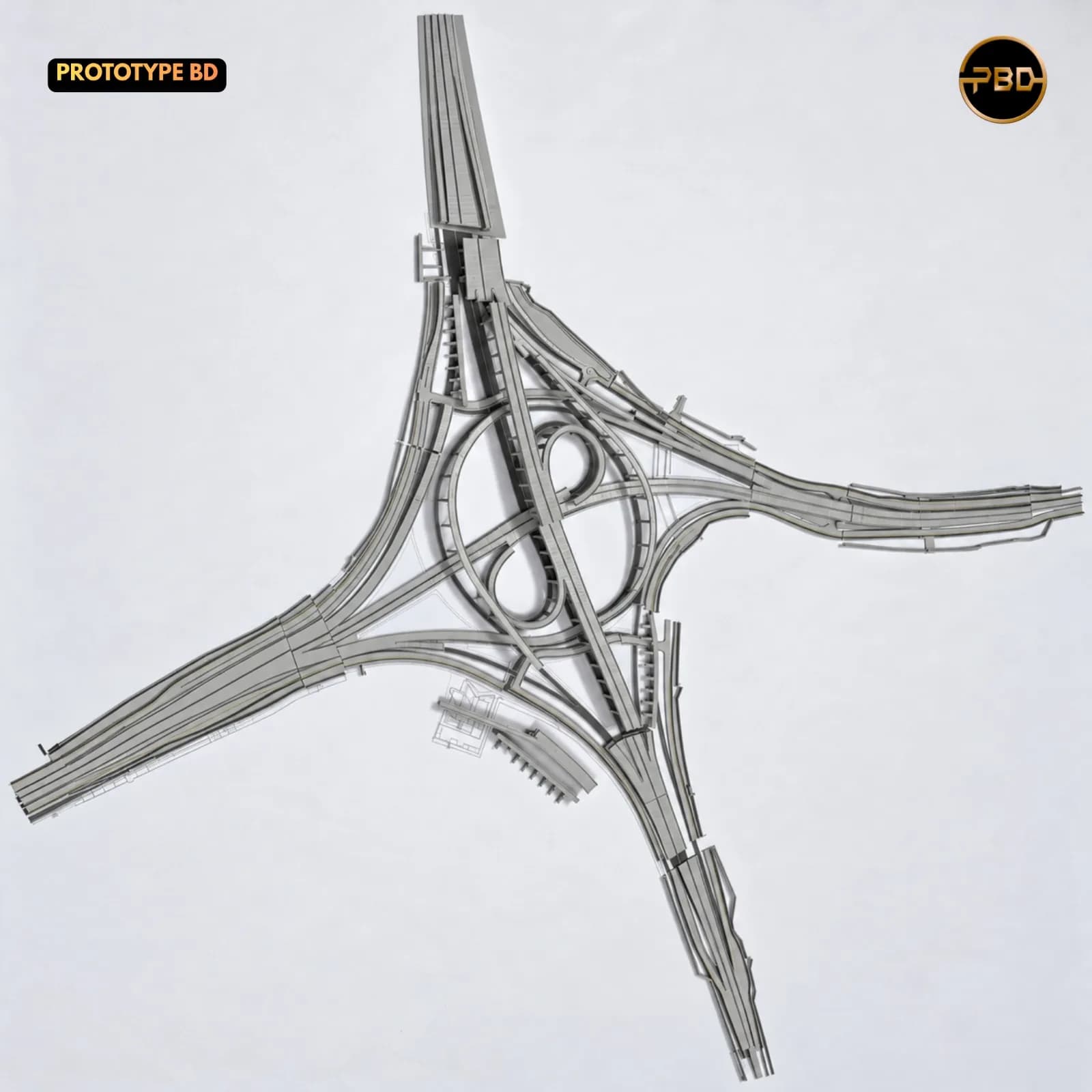 The 3D printed road network of the Hatikamrul Interchange model on its own, photographed on a plain white background