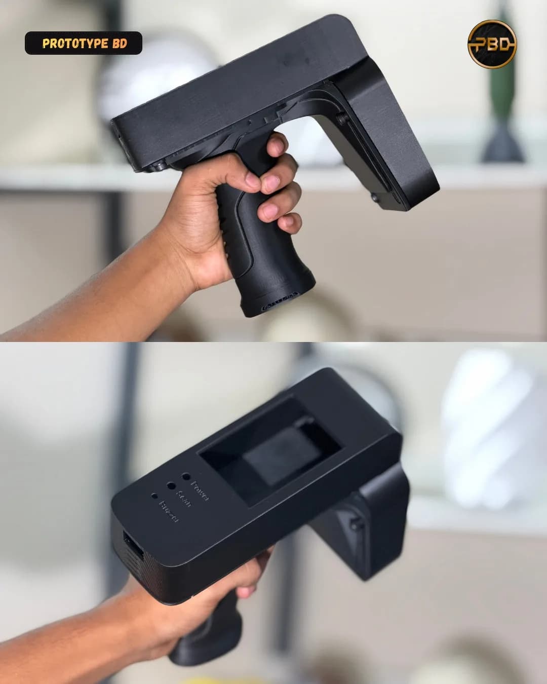 Two views of the handheld ID card verification enclosure: side profile and top face with display window and indicator holes