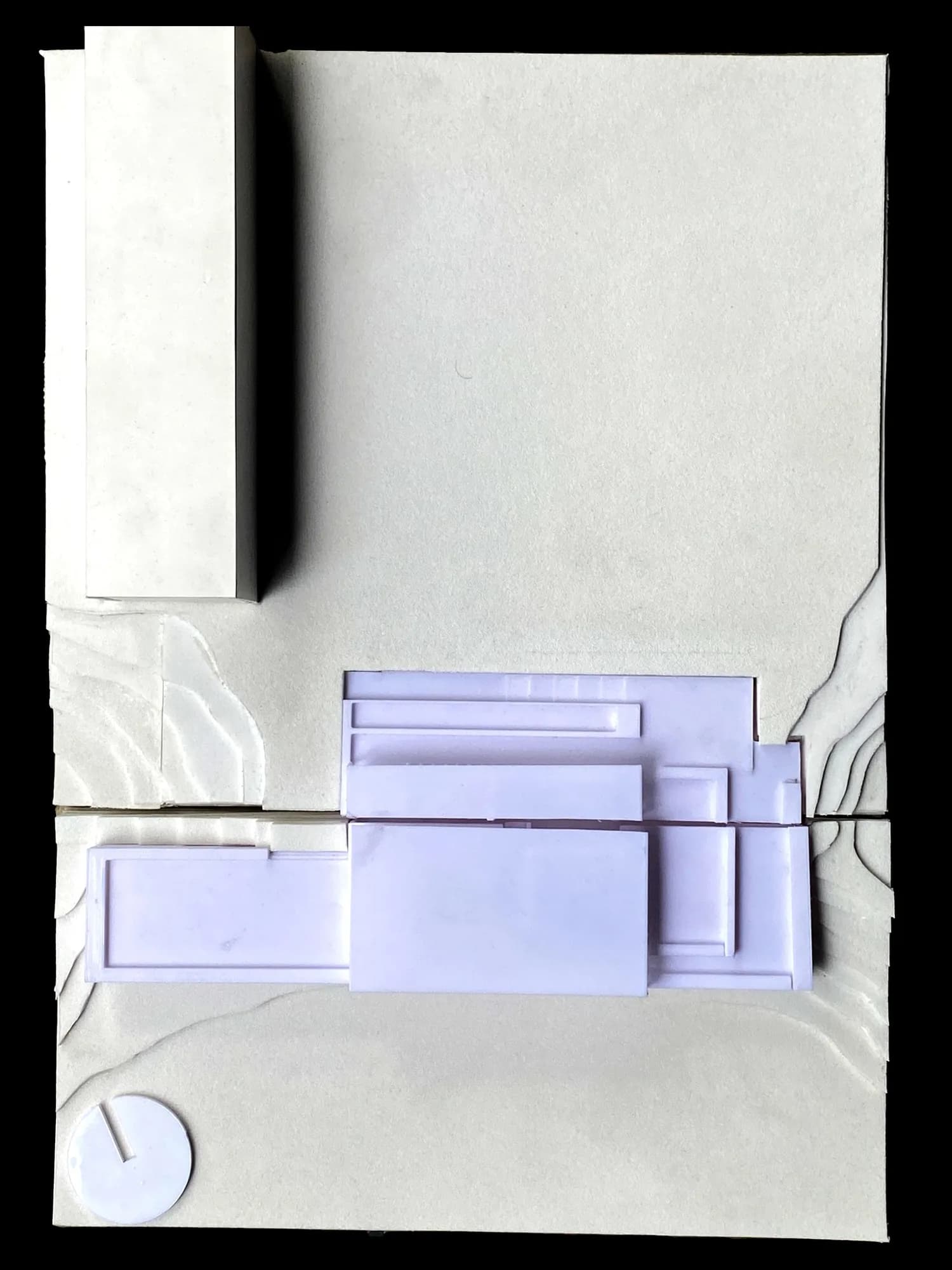 Top view of the 1:300 Marbach museum model, with contour lines cut into the terrain around the printed building