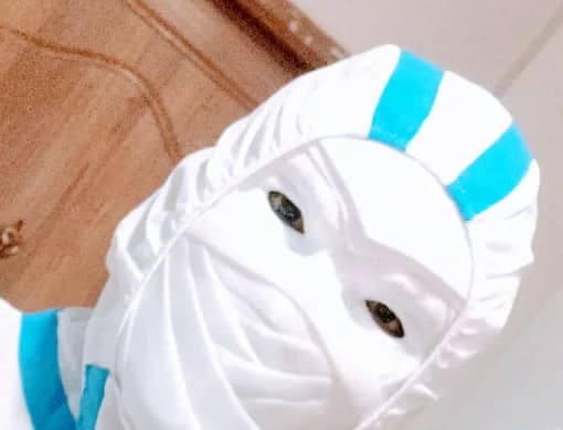 The white mask worn with a white hooded suit with blue trim