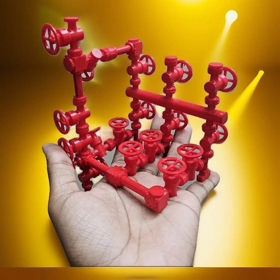 Red 3D printed choke manifold model on a hand against a yellow studio backdrop