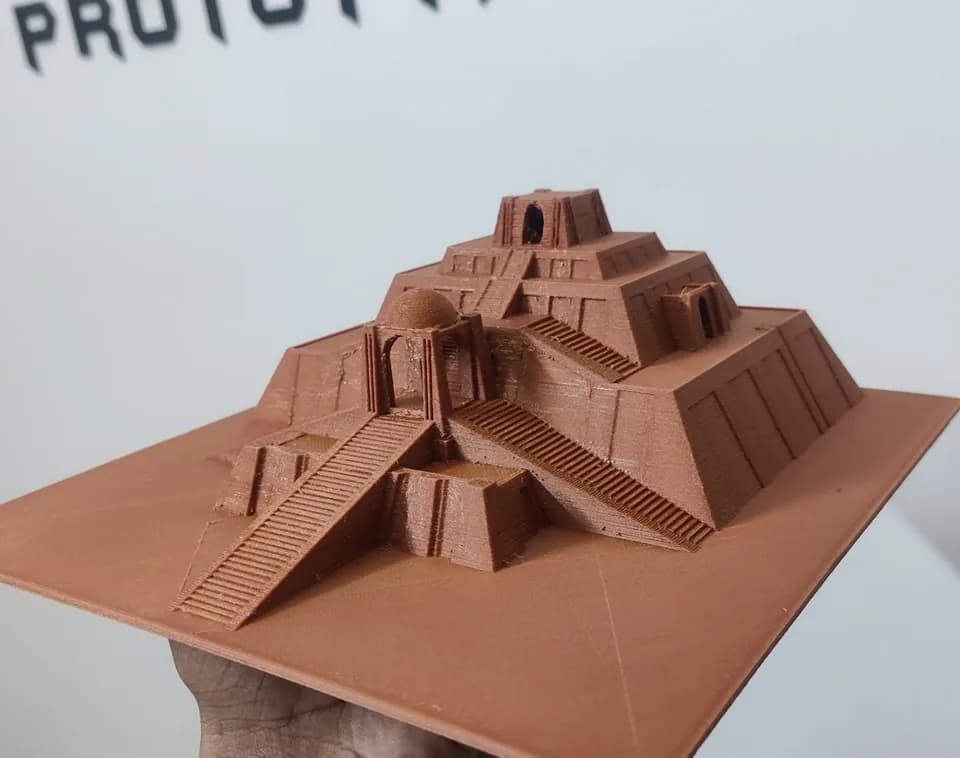 Angled view of the printed ziggurat with its side stairways and top shrine
