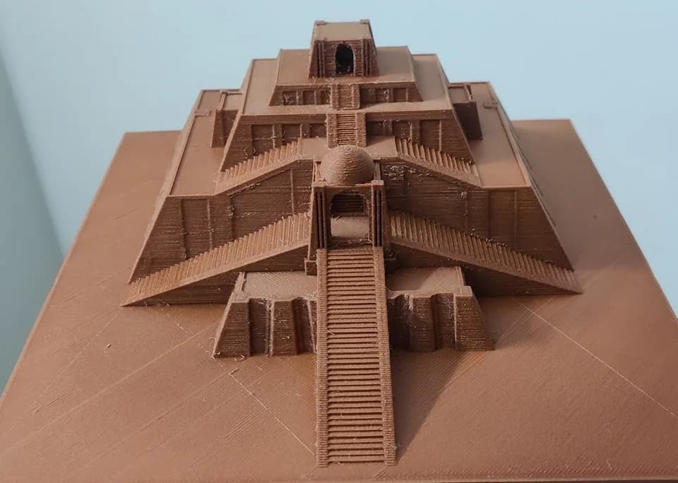 Front view of the ziggurat model, long central stairway leading to the domed gatehouse and upper terraces
