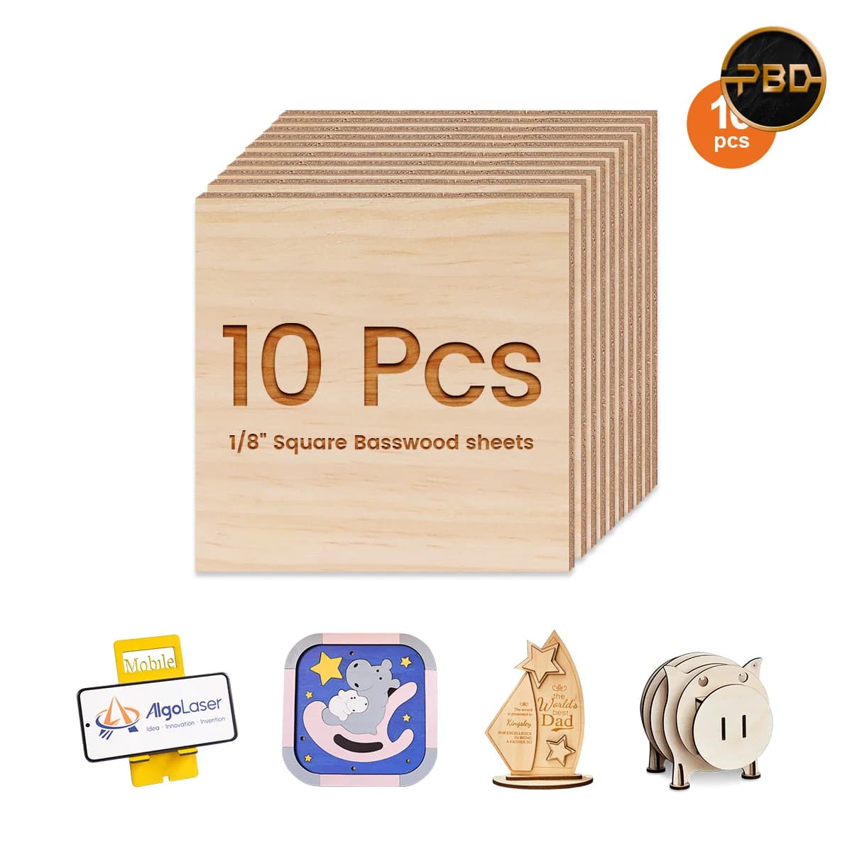 AlgoLaser Basswood Plywood 100 × 100 × 3 mm (10 pcs)
