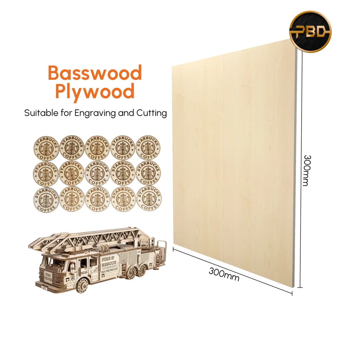 AlgoLaser Basswood Plywood 300 × 300 × 3 mm (10 pcs)