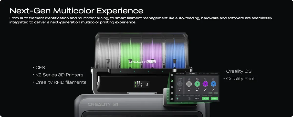 Creality K2 next-generation multi-color 3D printer offering smooth color transitions and advanced printing experience in Bangladesh.