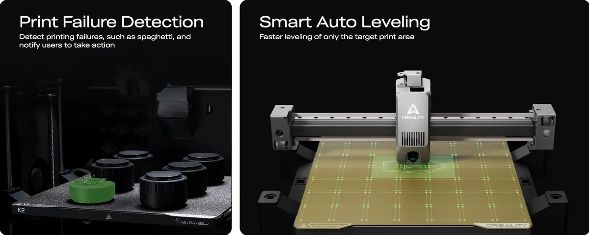 Creality K2 3D Printer with print failure detection and smart auto leveling for smooth, accurate printing in Bangladesh.