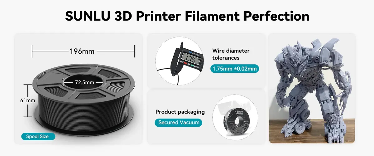 SUNLU filament spool dimensions and vacuum packaging