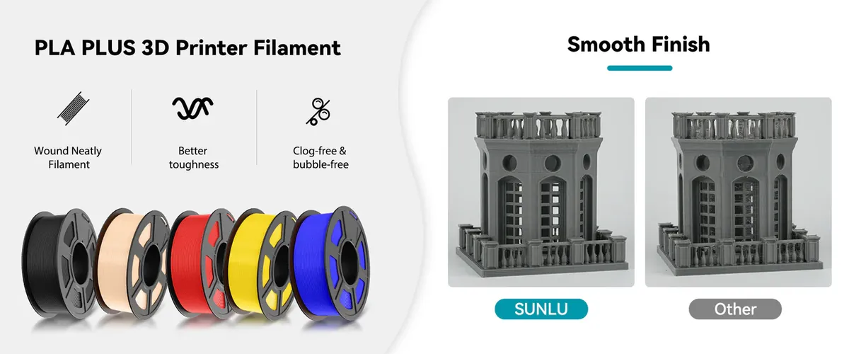 SUNLU PLA+ Grey 3D Printer Filament smooth finish comparison