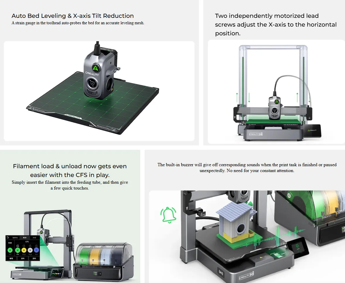 Creality Hi Combo 3D printer features multi-color printing, auto leveling, and high-speed performance