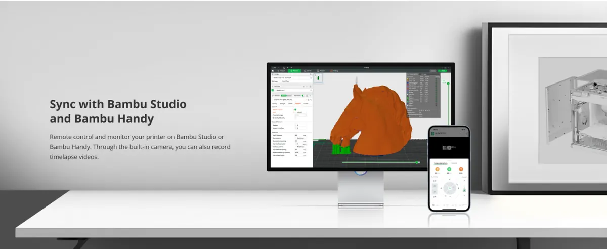 Bambu Lab 3D printer syncs with Bambu Studio and Bambu Handy app for easy printing control