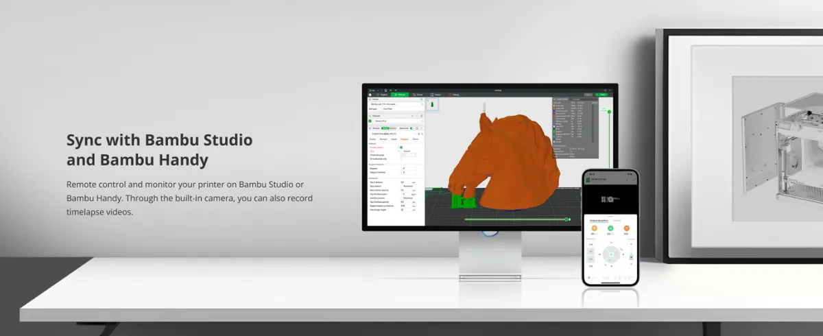 Bambu Lab 3D printer syncs with Bambu Studio and Bambu Handy app for easy printing control