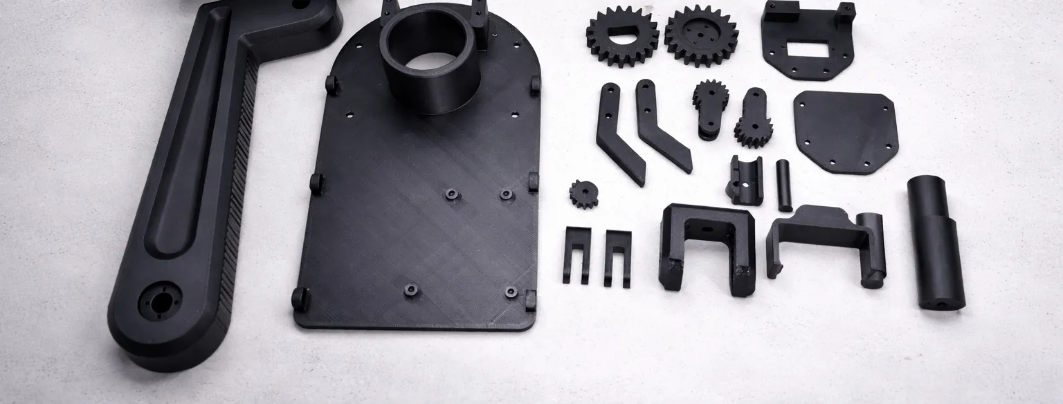 Matte black 3D printed robotic arm parts laid out: base plate, a long link, spur gears, joints and brackets