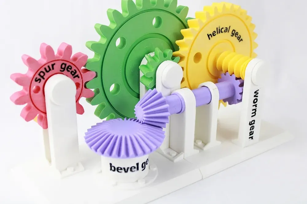 Colourful 3D printed gear teaching model with labelled spur, helical, worm and bevel gears on a white base