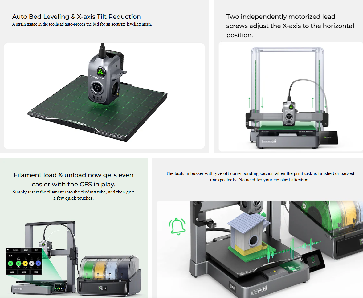 Creality Hi Combo 3D printer features multi-color printing, auto leveling, and high-speed performance
