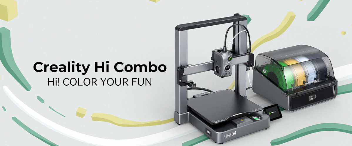 Close-up view of Creality Hi Combo 3D printer showing print head, build plate, and frame design