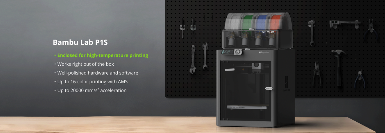 Bambu Lab P1S 3D printer with high-speed printing, enclosed design, and multi-material support