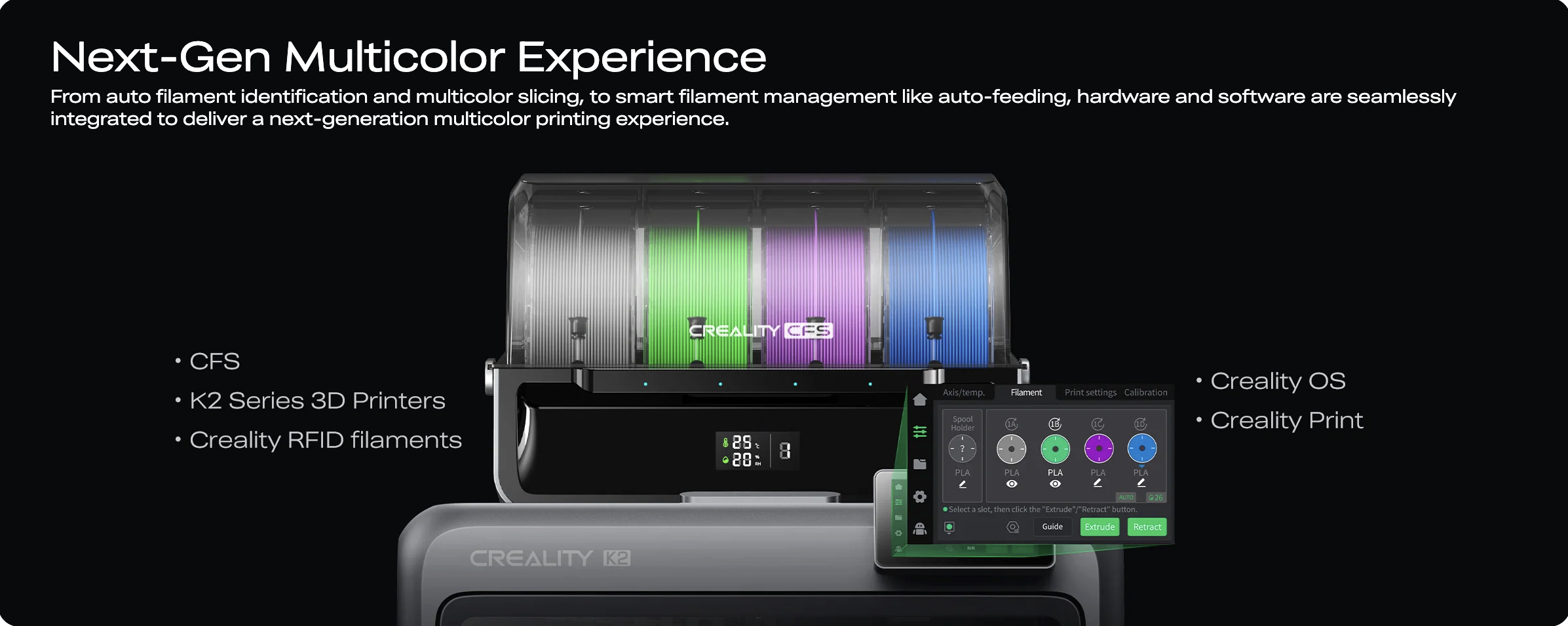 Creality K2 next-generation multi-color 3D printer offering smooth color transitions and advanced printing experience in Bangladesh.